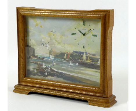 A vintage Smith's oak cased mantel clock, the printed picture dial depicting a harbour with guls, printed 'Harbour' model nam