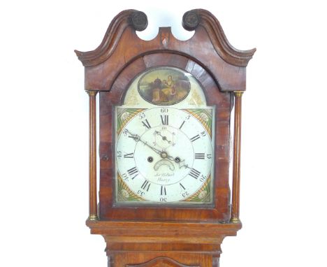 A Regency oak and mahogany long case clock, signed Jono Hilbert, Haxey, the painted arched dial decorated with a lady with fl