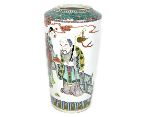 A Chinese porcelain famille verte vase, Qing Dynasty, 19th century, of tapering cylindrical form, decorated in Kangxi style w