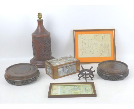 A group of Oriental collectables, including a circa 1838 Japanese surimono woodblock print with poem, possibly Shijoe school,