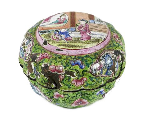 A Chinese enamel box and cover, 19th century, possibly Peking, of lobed form, decorated in famille rose palette against a gre