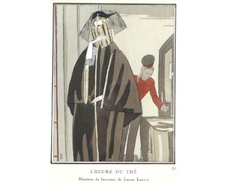 After Eduardo Benito: 'L'Heure du The, Manteau de fourrure, de Jeanne Lanvin', a French Art Deco pochoir print, published by 