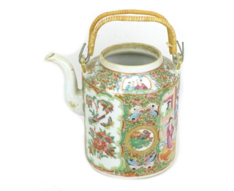 A Chinese Canton porcelain teapot, 19th century, of cylindrical form with narrowed rim and two cane wound wire handles, with 