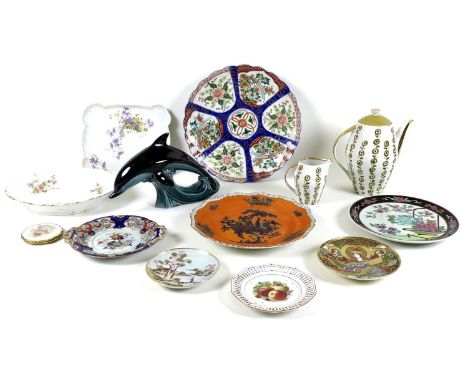 A group of mixed ceramics, including a Poole pottery figure of a dolphin, 17cm, a Polish coffee pot, 20cm high, and milk jug,
