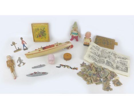 A collection of vintage toys, comprising a Hornby Meccano Speedboat, with key, a vintage Chad Valley Bashful soft toy, two To