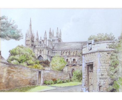 Kate Fitzsimmons (British, 20th century): Peterborough Cathedral, signed and dated 1980, pen and watercolour on paper, 19 by 