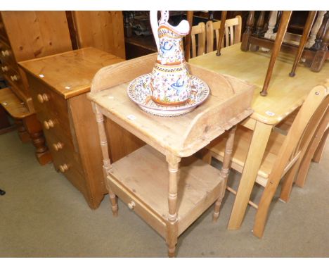 Pine washstand with jug and bowl set and converted pine commode