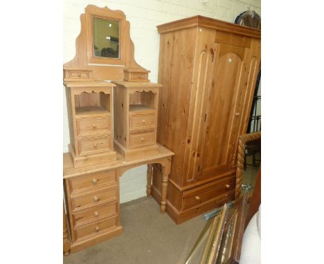 Pine panel door wardrobe, four drawer pedestal dressing table, dressing mirror, pair two drawer pedestals and pine framed wal