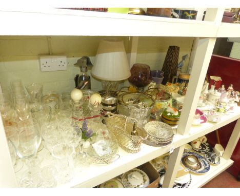 Collection of glass and china including Waterford table lamp, steins, two Coalport figures, Wedgwood vases, etc