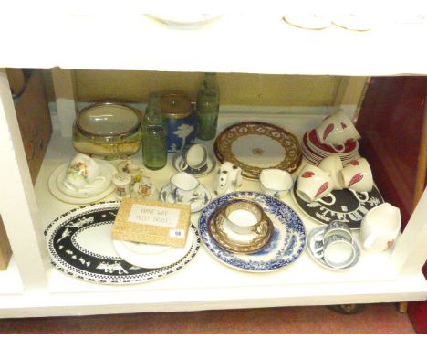 Wade part tea set, Wedgwood blue Jasper biscuit barrel, Shelley Noritake trio's, two glass bottles