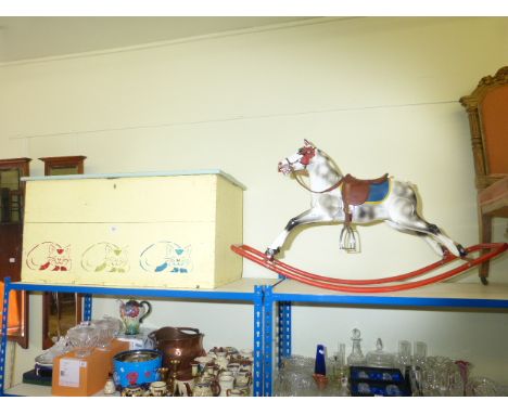 Painted pine toy box and Triang Foxhunter rocking horse (2)