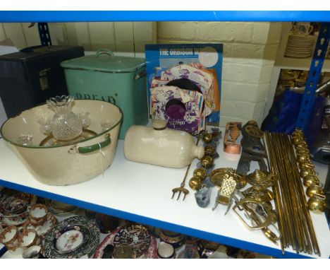 Enamel two handled bowl and bread bin, LP and single records, candle light ceiling fitting, brass horse brasses, stair rods, 