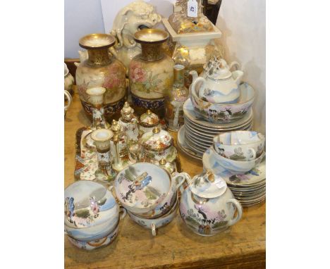 Pair of Doulton Burslem vases, Oriental tea set, trinket set, Satsuma incense burner, Foo dog and vase