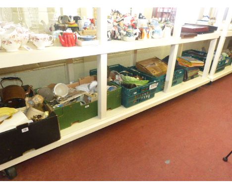 Five boxes of assorted china, binoculars, barometer, 78 records, four Tom and Jerry Annuals, etc