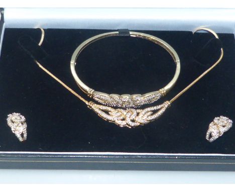 Suite of 9ct gold and diamond jewellery comprising bangle, necklace and pair of earrings
