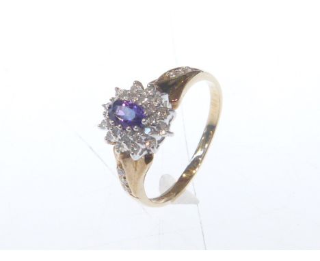 9ct gold, amethyst and diamond ring, size N