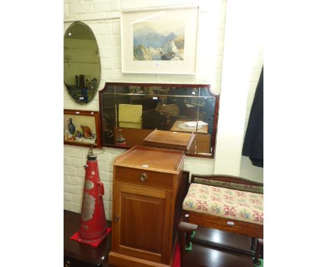 Mahogany pot cupboard, Heaton Cooper print 'Langdale Beck' and mahogany framed wall mirror (3)