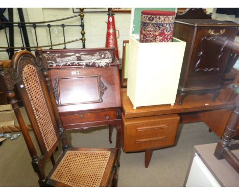 Mahogany bureau, carved oak high back side chair, mahogany purdonium, linen bin, carpet runner and rug (6)