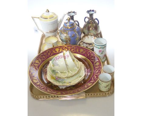 Noritake lidded vase, pair of similar vases, pair of Paragon cups, saucers and plates, Kaiser pottery plaque