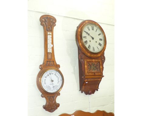 Victorian satinwood inlaid drop dial wall clock and carved oak barometer (2)