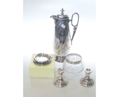 Silver ashtray and pair of dwarf candlestick, late Victorian silver plated ewer and crystal rose bowl (4)