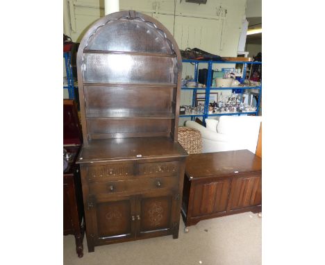 Oak dome topped dresser, oak blanket box and eight prints