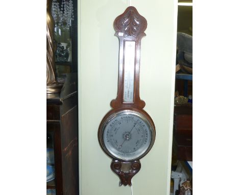 1930's carved walnut aneroid barometer
