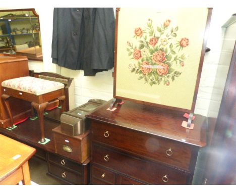 Floral needlework panel, firescreen, oak wall clock, cash drawer and cabriole leg piano stool (4)