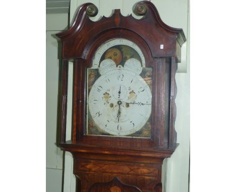 Antique mahogany and satinwood inlaid eight day longcase clock having moonphase painted arched dial signed Lawson, Bradford