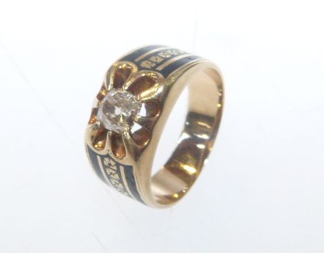 Diamond and enamel memorial ring, approximate weight of diamond 0.75 carats, size Q