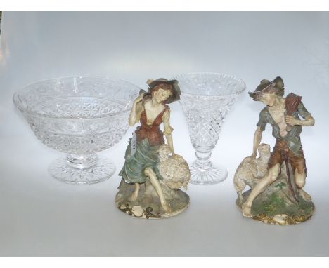 Two Capo di Monte figures and crystal pedestal bowl and vase