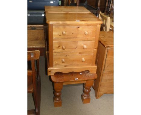 Pair pine three drawer pedestal chest, pine coffee table and piano stool (4)