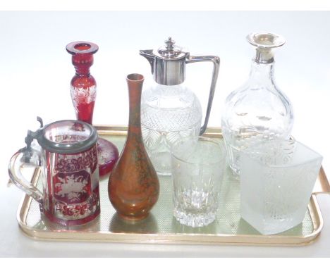 Cut glass claret jug, silver collared decanter, ruby overlay tankard, etched ruby candlestick, etc