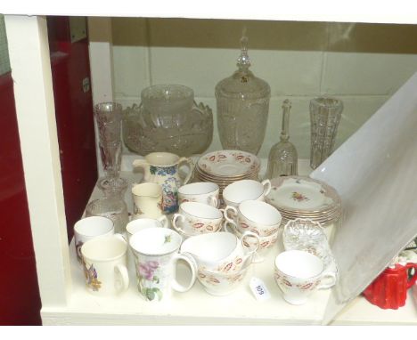 Assorted glassware including pedestal bowl, vases, bone china, tea sets, Masons jug, etc