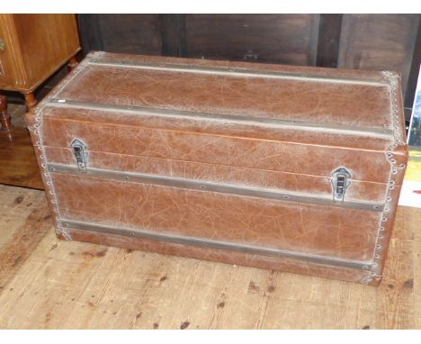 As new leather and wood bound travelling trunk