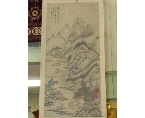 Large Chinese scroll decorated with mountainous scene