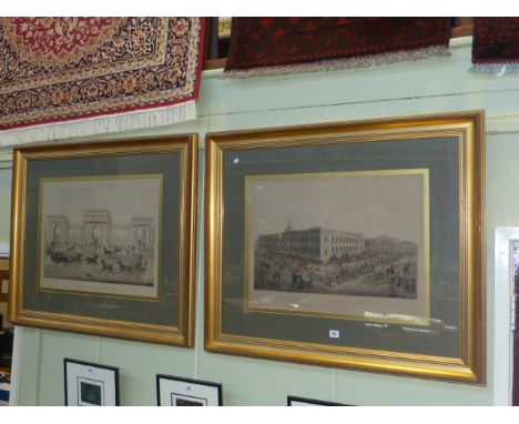 Pair of gilt framed coloured prints of Engravings the Grand Entrance to Hyde Park and A North East View of the New General Po