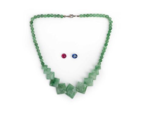 No reserve - a jadeite necklace and two loose synthetic gemstones, comprising: a jadeite bead necklace length 45.5cm; an oval