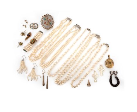 A collection of jewels, 19th and 20th century, comprising: a mid 19th century brooch of oval outline set with polished chalce