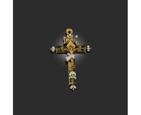 A gold and enamel crucifix pendant, mid 18th Century, depicting Christ on the cross, a banner reading 'INRI' ('Iesus Nazarenu
