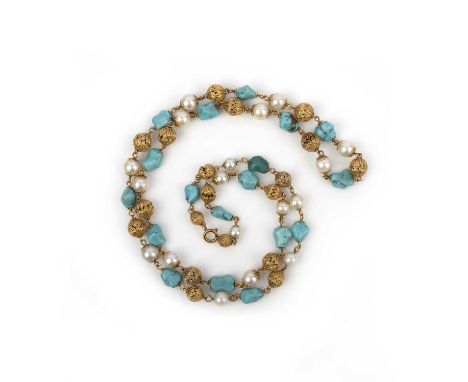 A turquoise and cultured pearl longchain necklace, composed of turquoise and cultured pearl beads, spaced with foliate gold b