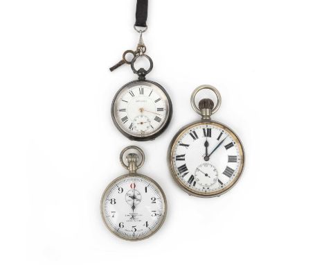 A silver open faced pocket watch, the white enamel dial with subsidiary seconds dial signed Kendal and Dent, damaged, an open