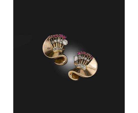 A pair of Retro ruby and diamond earrings, 1940s, each designed as a scroll of polished gold with a foliate spray of brillian
