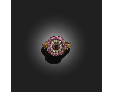 A Georgian ruby and diamond ring, early 19th century, of cluster design, centring on a cushion-shaped ruby, within concentric