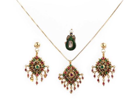 A ruby, emerald and diamond demi-parure and an enamel and diamond ring, India, comprising: a pendant necklace and a pair of e