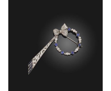 An Art Deco diamond and synthetic sapphire brooch, circa 1920, designed as a wreath tied with a bow, suspending a length of r