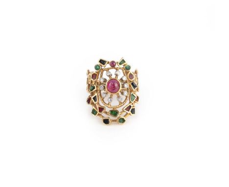 A gem-set, enamel and diamond ring, centring on a cabochon ruby, within a border of single-cut diamonds, within an openwork m