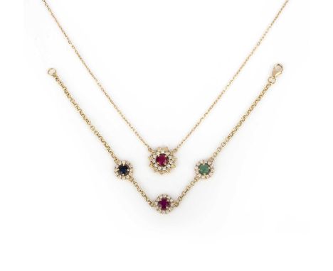 A ruby and diamond necklace and gem-set and diamond bracelet, comprising: a gold chain necklace composing a ruby, yellow sapp