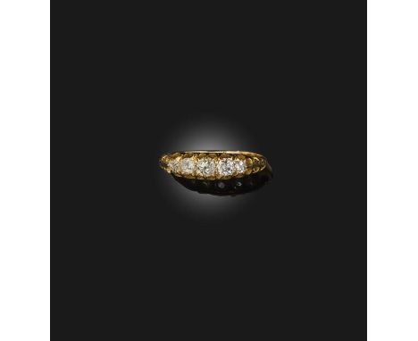 A five-stone diamond ring, early 20th century, set with a sequence of cushion-shaped diamonds totalling approximately 0.45 ca