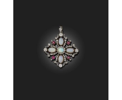 An early 19th century opal and diamond pendant, of quatrefoil design set with graduated solid white opals, old cushion-shaped